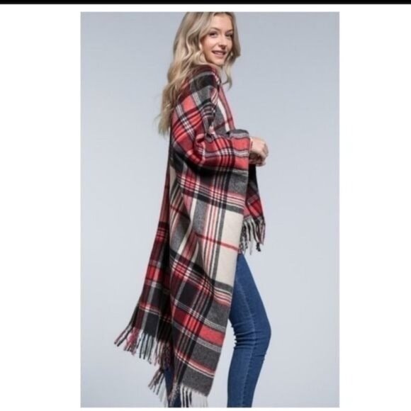 Plaid Fringe Hem Open Front Poncho Wrap Shawl-NEW - Picture 2 of 6